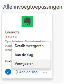 Schermafbeelding met een voorbeeld van een invoegtoepassingstegel met de optie Verwijderen geselecteerd.