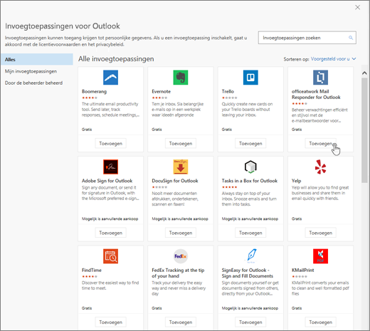 Een schermopname van de pagina Invoegtoepassingen voor Outlook.