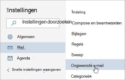 Schermafbeelding van het menu Instellingen met Ongewenste e-mail geselecteerd