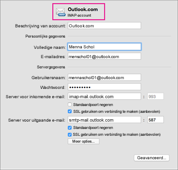 Nederlandse Microsoft screenshot van IMAP-accountinstellingen in Outlook voor Mac