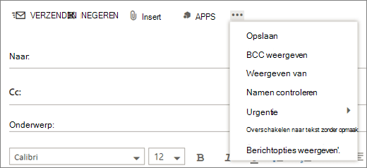 Een schermopname van de beschikbare opties in de opdracht Meer op de werkbalk van het e-mailbericht.