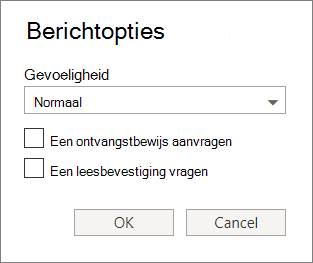 In een schermopname ziet u het dialoogvenster Berichtopties met opties voor het instellen van een gevoeligheidsniveau en het aanvragen van een ontvangst- of leesbevestiging.
