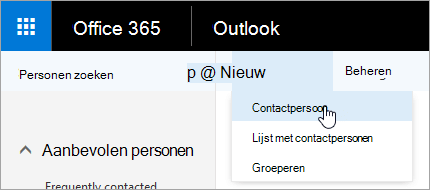 Een schermopname van het contextmenu voor de knop Nieuw, met Contactpersoon geselecteerd.