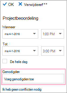 Detailvenster met het vak Deelnemers voor gebruik met de Planningassistent