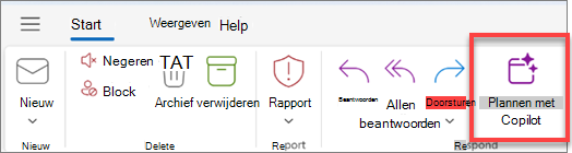 Toont de Outlook-werkbalk met Planning met de knop Copilot gemarkeerd.