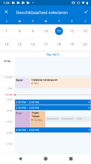 Toont een agenda op een Android-scherm. Boven de kalender staat " Selecteer Beschikbaarheid" en rechts daarvan bevindt zich een vinkje.