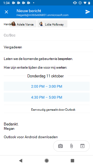 Toont een Android-scherm met een concept-e-mail met de tijden waarop de afzender beschikbaar is.
