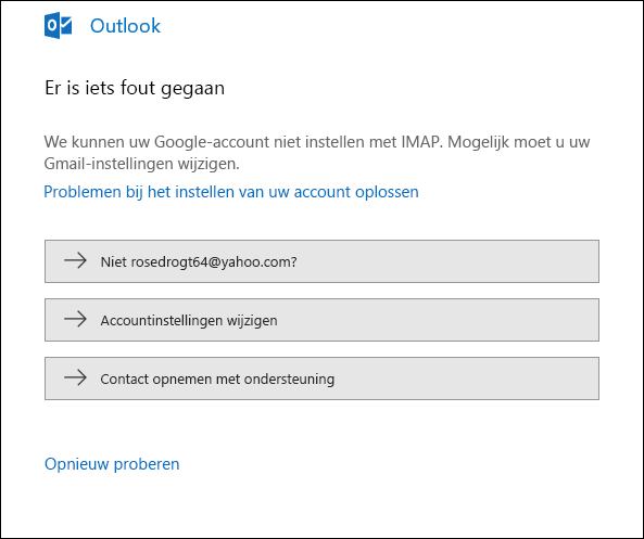 Er is iets fout gegaan tijdens het toevoegen van een e-mailaccount aan Outlook.