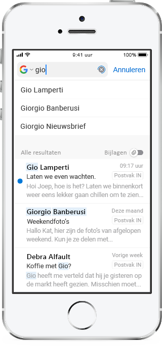 Toont een mobiel scherm met een paar letters getypt in het zoekvak en suggesties daaronder.