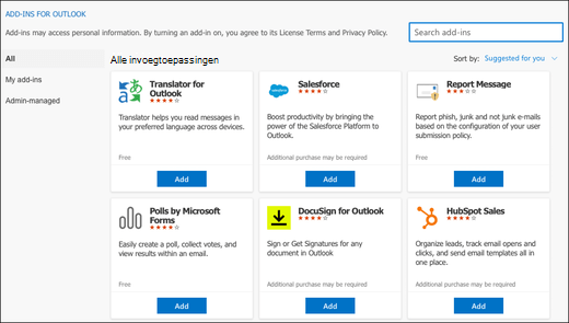 Het dialoogvenster Invoegtoepassingen voor Outlook in Outlook voor Mac