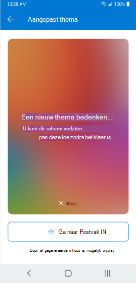 Een scherm met een thema van Copilot dat wordt gegenereerd in Outlook Mobile