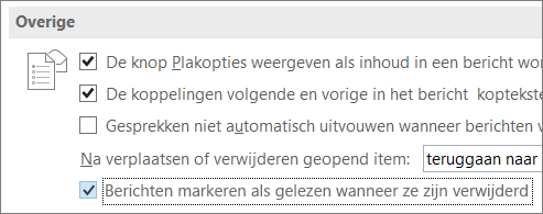 Selectievakje Berichten markeren als gelezen wanneer verwijderd, in het dialoogvenster Outlook-opties
