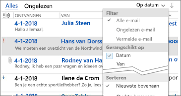 Lijst met beschikbare filters om berichten te sorteren