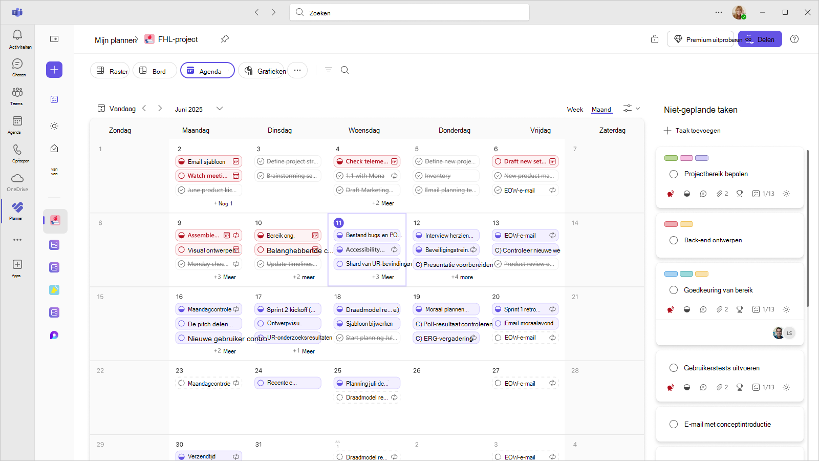 Een schermafbeelding van een plan in Planner in Teams toont de Calendar-weergave van de taken van een gebruiker voor de maand.