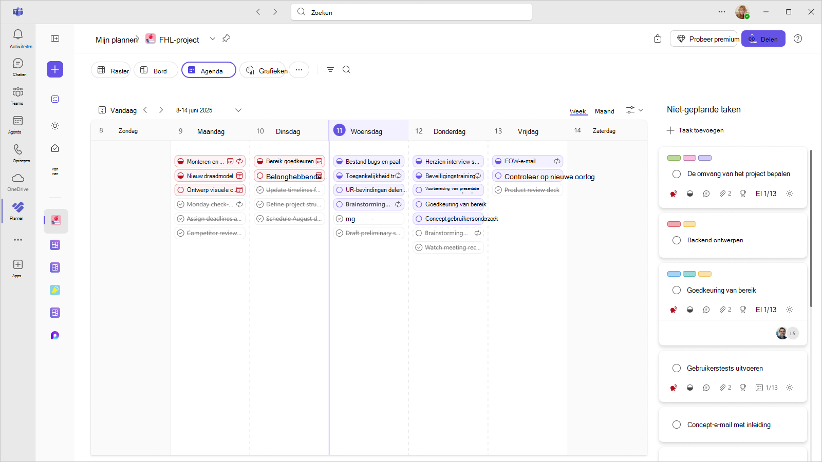 Een schermafbeelding van een plan in Planner in Teams toont de Calendar-weergave van de taken van een gebruiker voor de week.