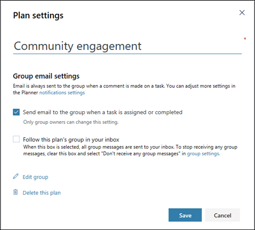 Schermopname: de instelling E-mail verzenden naar de groep plannen wordt weergegeven... voor de planinstellingen