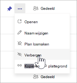 Een cursor die wijst naar de optie Verbergen in het contextmenu van een plan in Mijn plannen in Planner