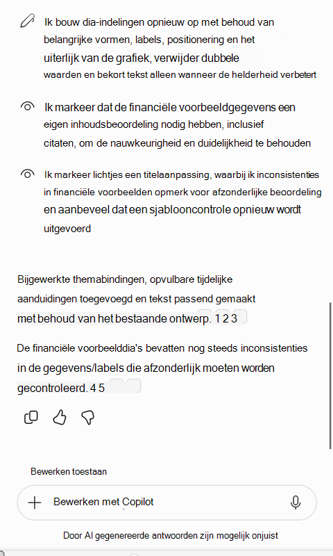 Schermopname van Copilot's samenvatting van de sjablooncorrecties.