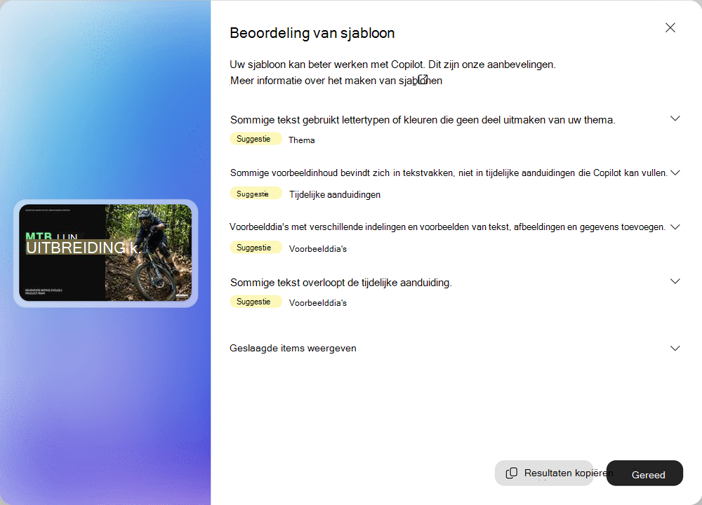 Schermafbeelding van de resultaten van de sjabloonbeoordeling met de knop Resultaten kopiëren.
