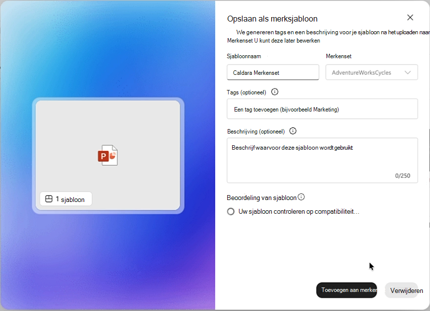 Schermafbeelding van het venster Opslaan als merksjabloon met de beoordelingsstatus voor sjablonen met De sjabloon controleren op compatibiliteit.