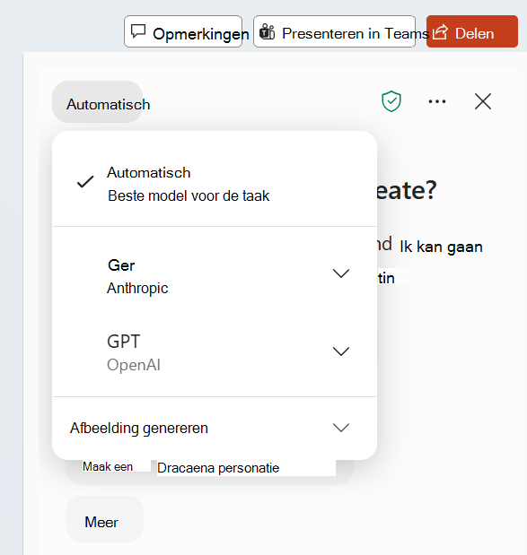 Schermopname van de AI-modelselector in Copilot Chat.