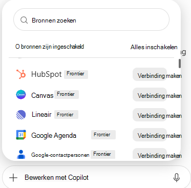 Schermafbeelding van de lijst met verbindingslijnen met beschikbare gegevensbronnen en de knop Verbinding maken in PowerPoint.