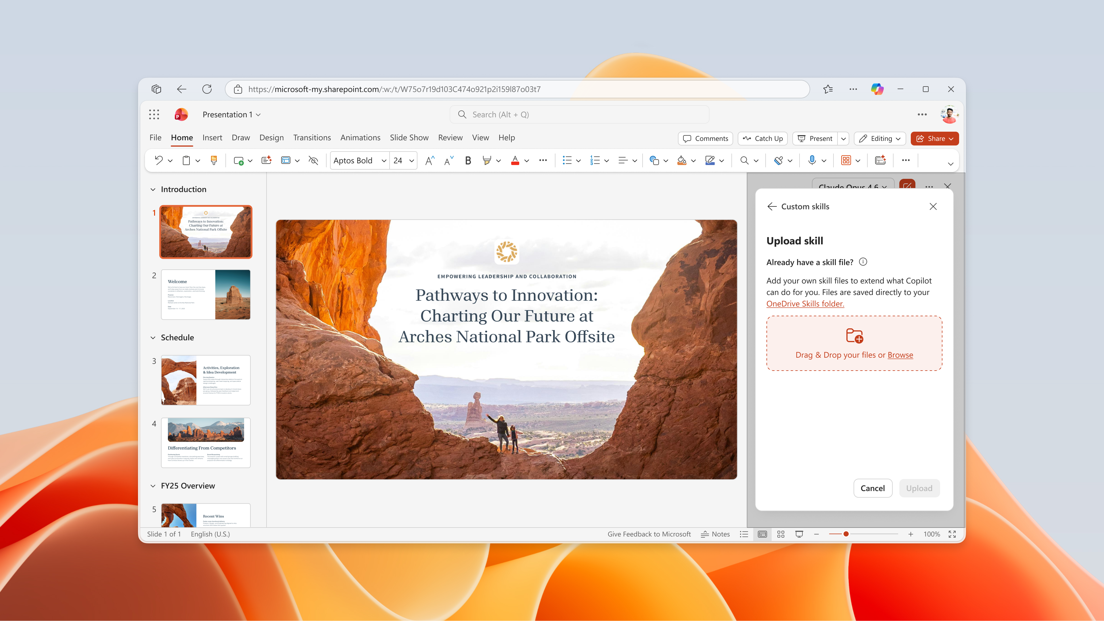 Schermopname van de gebruikersinterface voor het uploaden van aangepaste vaardigheden in PowerPoint Copilot.