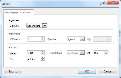 Dialoogvenster Alinea in PowerPoint