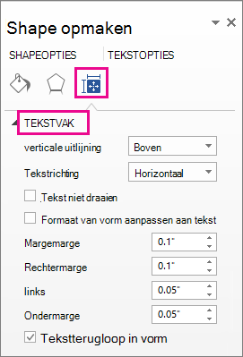 Opties voor tekstvak in het deelvenster Vorm opmaken