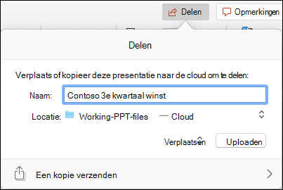 Dialoogvenster met de aanbieding om de presentatie te uploaden naar uw Microsoft-cloudopslag voor naadloos delen.