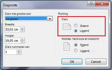 In het dialoogvenster Diagrootte kunt u de afdrukstand van de dia wijzigen in Staand of Liggend.