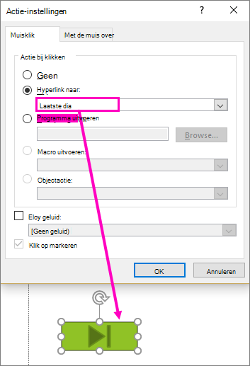 Hiermee wordt het dialoogvenster voor het instellen van actieknoppen in PowerPoint weergegeven