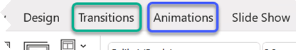 Gedeeltelijke afbeelding van het PowerPoint-lint, met de nadruk op de tabbladen Overgangen en Animaties.