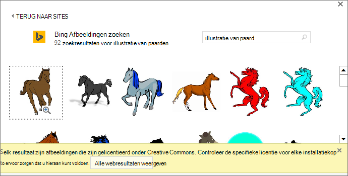Als u zoekt naar illustraties voor paarden, krijgt u een verscheidenheid aan afbeeldingen onder een Creative Commons-licentie.