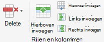Knoppen op het lint voor het bewerken van tabelrijen en -kolommen