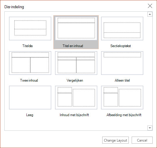 Het dialoogvenster Dia-indeling in webversie van PowerPoint.