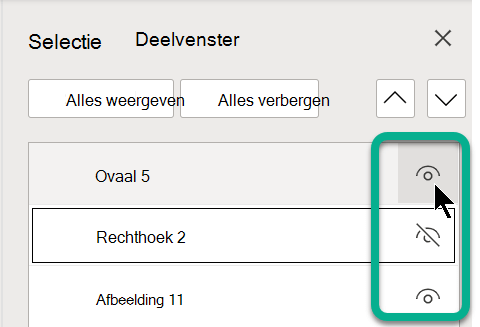 Gebruik in het selectiedeelvenster het oogsymbool rechts van een object om het weer te geven of te verbergen.