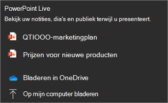Schermopname van PowerPoint Live menu voor delen met bestandskeuzes en Bladeren in OneDrive en Door mijn bestanden bladeren.
