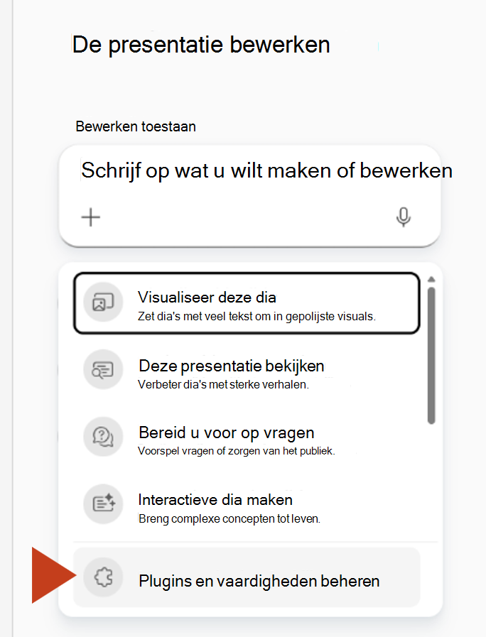 Schermopname van het selecteren van Invoegtoepassingen en vaardigheden beheren in het menu plus in het Copilot-deelvenster.