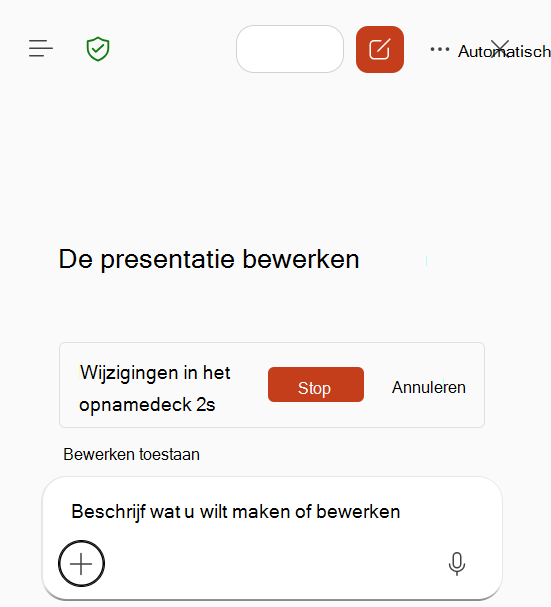 Schermopname van actieve vaardigheidsopname in Copilot in PowerPoint.