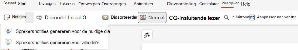 Vervolgkeuzelijst Sprekersnotities op tabblad Weergave