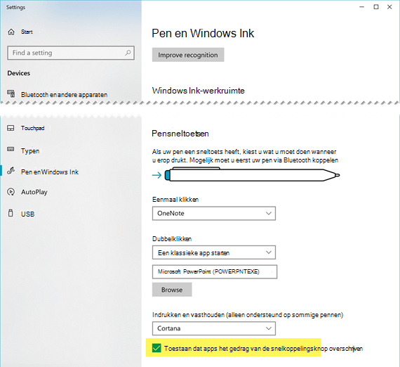 Mogelijk moet u toestaan dat in PowerPoint de werking van de snelkoppelingsknop van de pen wordt overschreven.
