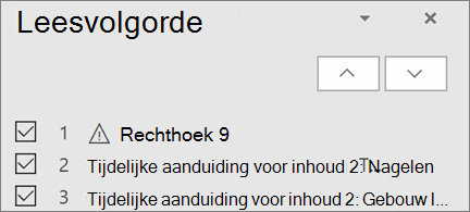 Lijst met items in de leesvolgorde in een dia met de knoppen pijl-omhoog en pijl-omlaag om ze opnieuw te rangschikken