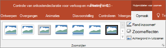 Hiermee worden verschillende zoomstijlen en -effecten weergegeven die u kunt selecteren op het tabblad Opmaak in PowerPoint.