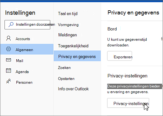 Instellingen algemeen privacy- en gegevensmenu