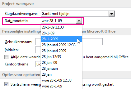 Lijst Datumnotatie in dialoogvenster Project-opties