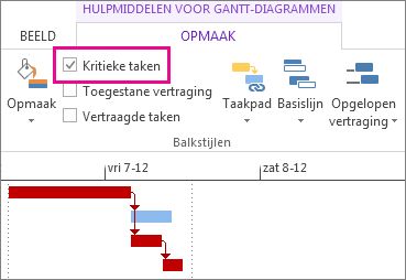 Critical Tasks check box on the ribbon and highlighted Gantt bars in Project 2013
