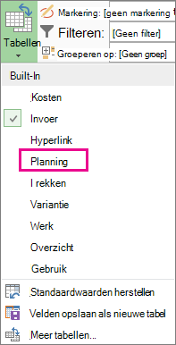 Optie Planning in het menu Tabellen