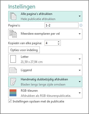 Instelling voor afdrukken op beide zijden van het papier in Publisher.