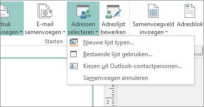 Opties voor de knop Verzendlijsten - Geadresseerden selecteren